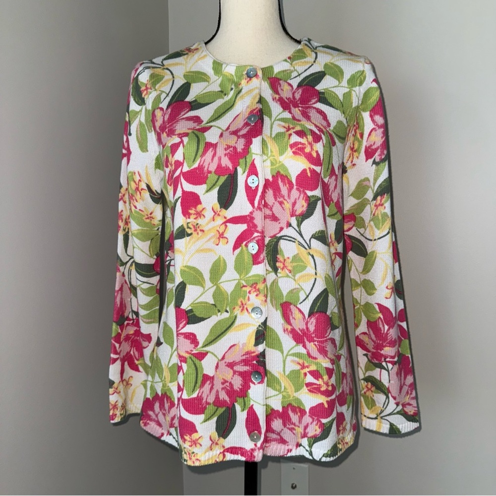 NEW Appleseed's Vibrant Pink and‎ Green Cotton Cardigan Button Up Sweater PS